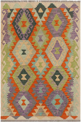 Flat Weave Kilim Antique Navaho Vintage handmade Geometric Kilim Rust Beige Hand-Woven Rectangle 100% Wool Area Rug 3x4